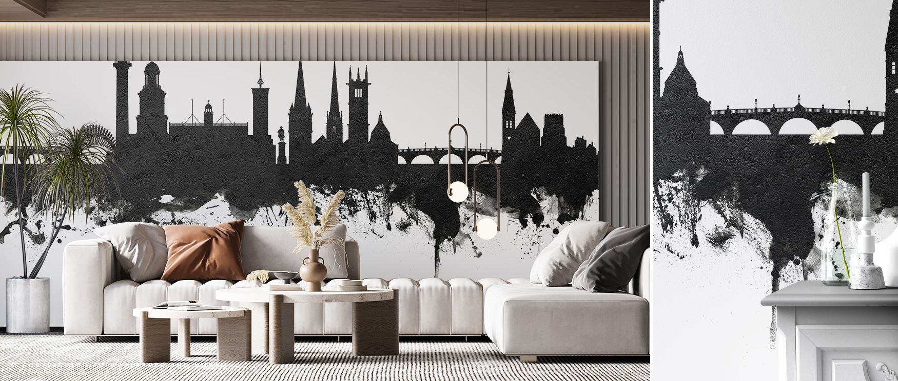 The Shrewsbury England Skyline in Classic Black & White Wallpaper frames rooftops and towers in refined contrast, layering bedrooms with historic charm, crafting an environment filled with architectural grace, monochrome tones reflecting timeless artistry