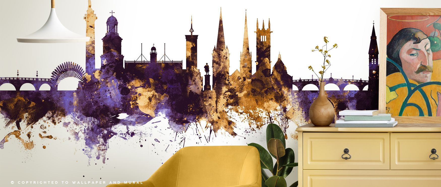 Shrewsbury England Skyline with Purple & Gold Highlights Wallpaper glows with regal depth, silhouettes unfolding against luminous tones that merge history with opulence, surrounding living spaces in cultural sophistication and layering walls with radiant 