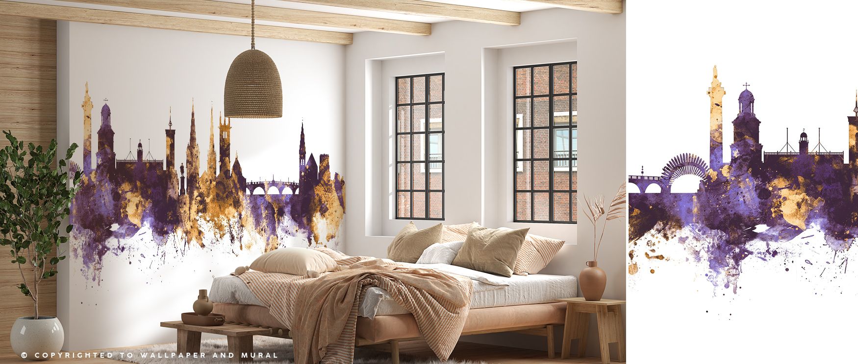 In golden light, the Shrewsbury England Skyline with Purple & Gold Highlights Wallpaper enriches interiors with majestic atmosphere, purple accents embracing architectural details, filling bedrooms with refined beauty and carrying a sense of grandeur that