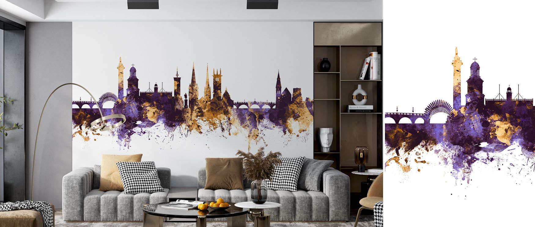 The Shrewsbury England Skyline with Purple & Gold Highlights Wallpaper radiates luxury, golden accents glowing against architectural detail, enveloping offices with refined tone, filling walls with timeless narratives of heritage and design, creating a ba