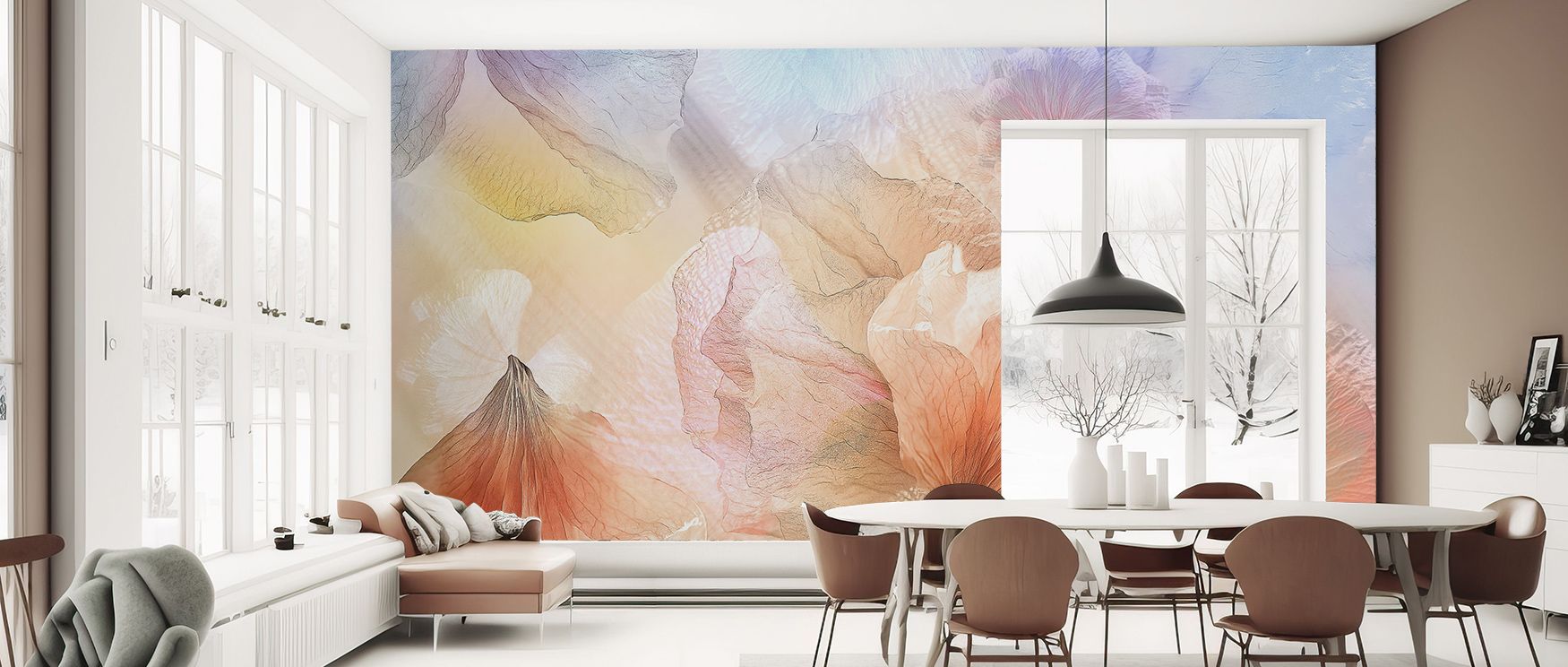Soft radiance fills the Silk & Light Blossoms with Delicate Elegance Wallpaper, blossoms glowing in poetic rhythm, enveloping living spaces with floral charm, layering interiors with atmosphere rooted in natural elegance, turning walls into tranquil backd