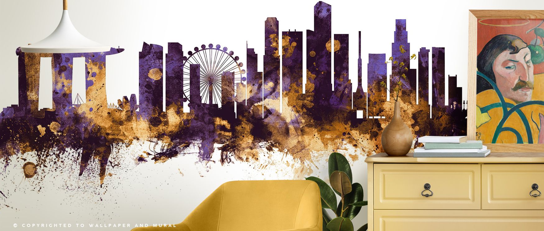 The Singapore Skyline with Regal Purple & Gold Accents Wallpaper glows with luminous elegance, architectural forms rising against radiant tones, surrounding living areas with cultural vibrance and regal atmosphere, filling interiors with artistry and refi