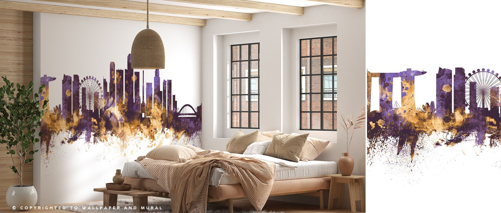 Silhouettes etched in golden light emerge through the Singapore Skyline with Regal Purple & Gold Accents Wallpaper, purple tones weaving dramatic presence across surfaces, enriching bedrooms with luminous atmosphere and transforming interiors into reflect