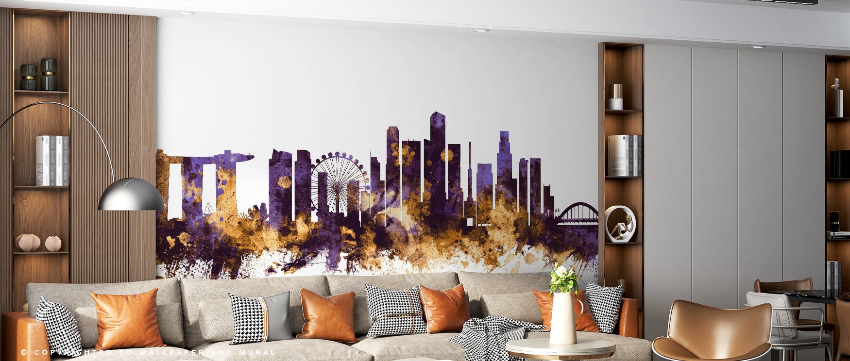 The Singapore Skyline with Regal Purple & Gold Accents Wallpaper radiates regal brilliance, architecture captured in luminous poise, filling offices with refined energy, layering interiors with global vibrance and sophisticated elegance that inspire refle