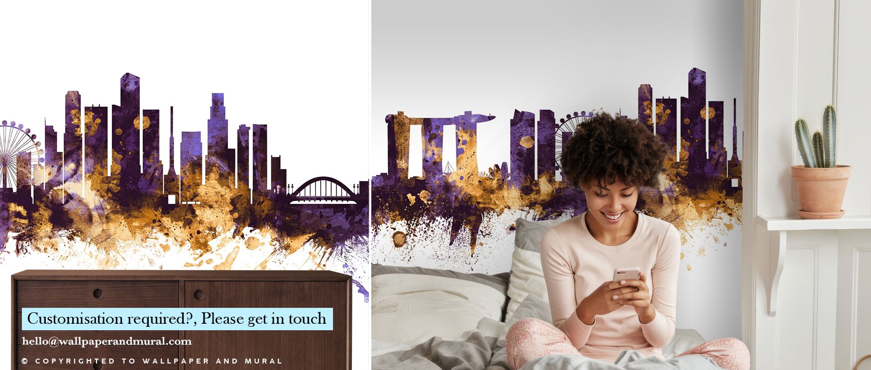 Through rich purple and glowing highlights, the Singapore Skyline with Regal Purple & Gold Accents Wallpaper surrounds living rooms in opulent atmosphere, turning walls into luminous canvases that reflect cultural resonance and timeless architectural arti