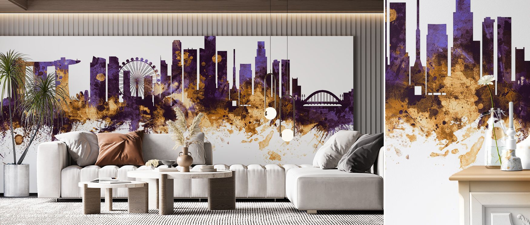 Layers of regal tone define the Singapore Skyline with Regal Purple & Gold Accents Wallpaper, silhouettes glowing with elegance, carrying serenity into bedrooms while enriching interiors with a luminous aura of cultural pride and refined sophistication. 