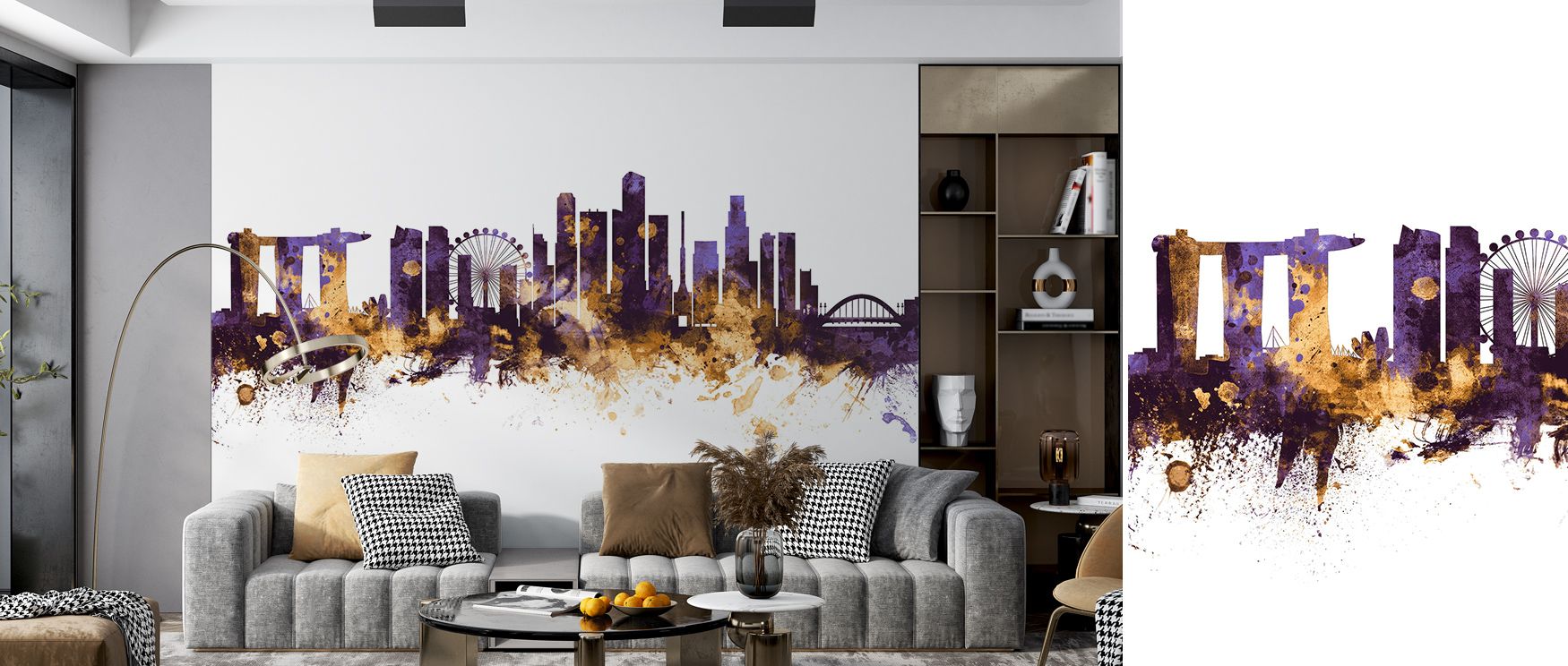 The Singapore Skyline with Regal Purple & Gold Accents Wallpaper captures architectural identity in radiant hues, golden light enhancing forms with elegance, enveloping offices with cultural sophistication and timeless artistry that transforms walls into 