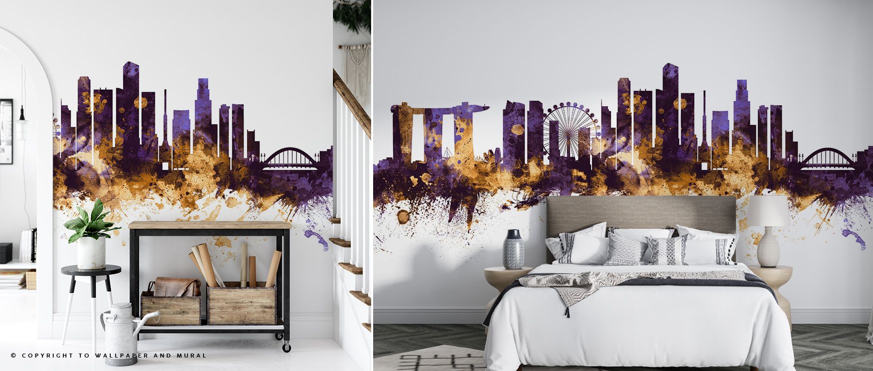 Poised against luminous tones, the Singapore Skyline with Regal Purple & Gold Accents Wallpaper enriches living areas with refined atmosphere, architectural detail glowing with sophistication, surrounding interiors in layers of cultural brilliance and reg