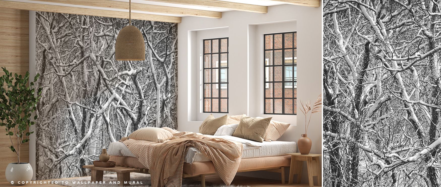 Snow rests softly across branches in the Snow Branches Winter Wonderland Wallpaper, filling living rooms with quiet radiance, enveloping walls in atmospheric elegance that reflects the stillness of winter mornings and shaping interiors with refined calm. 