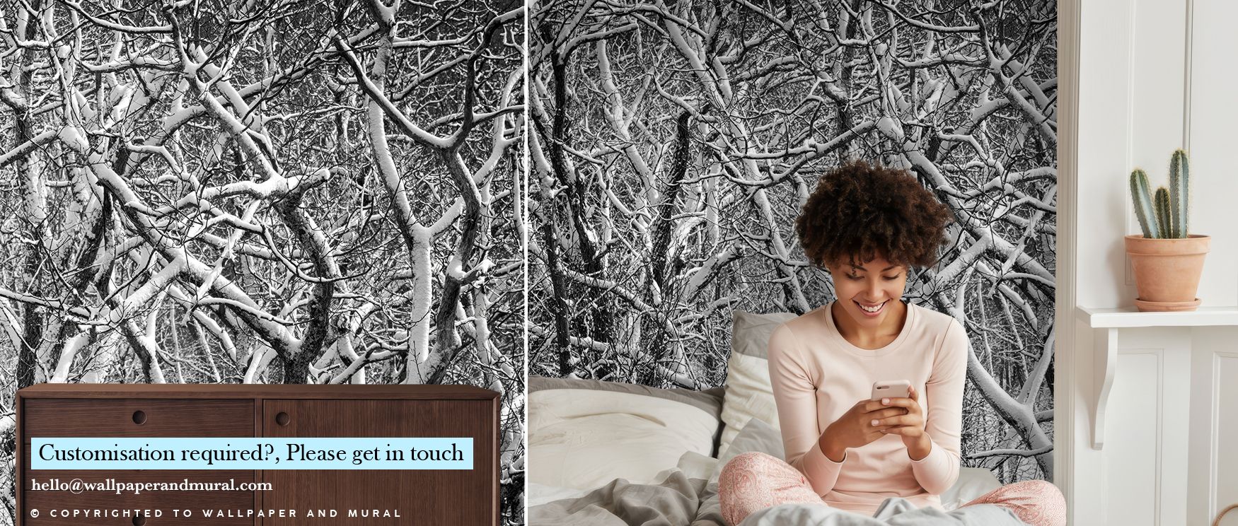 Crystalline textures shimmer through the Snow Branches Winter Wonderland Wallpaper, branches touched with frost glowing in subtle light, enriching bedrooms with timeless serenity while surrounding interiors with seasonal presence and poetic beauty. 