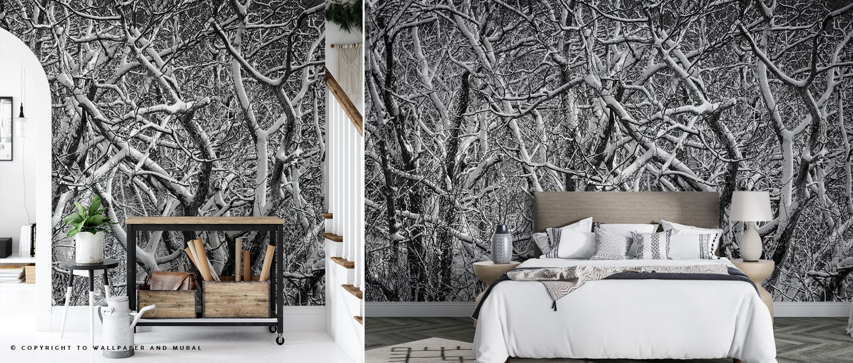 Winter’s poetry drifts across the Snow Branches Winter Wonderland Wallpaper, delicate forms expanding gently into offices, surrounding walls with a refined atmosphere alive with seasonal tranquility and transforming interiors with natural calm and timeles