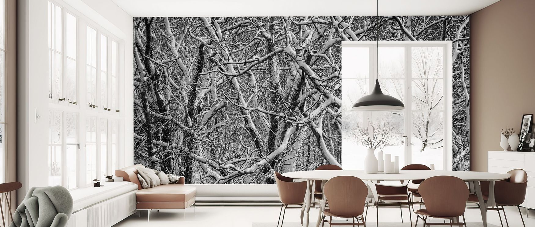Frosted silhouettes drift across the Snow Branches Winter Wonderland Wallpaper, delicate imagery enveloping offices with seasonal atmosphere, filling interiors with quiet radiance that reflects winter’s poetic balance of calm and elegance. 