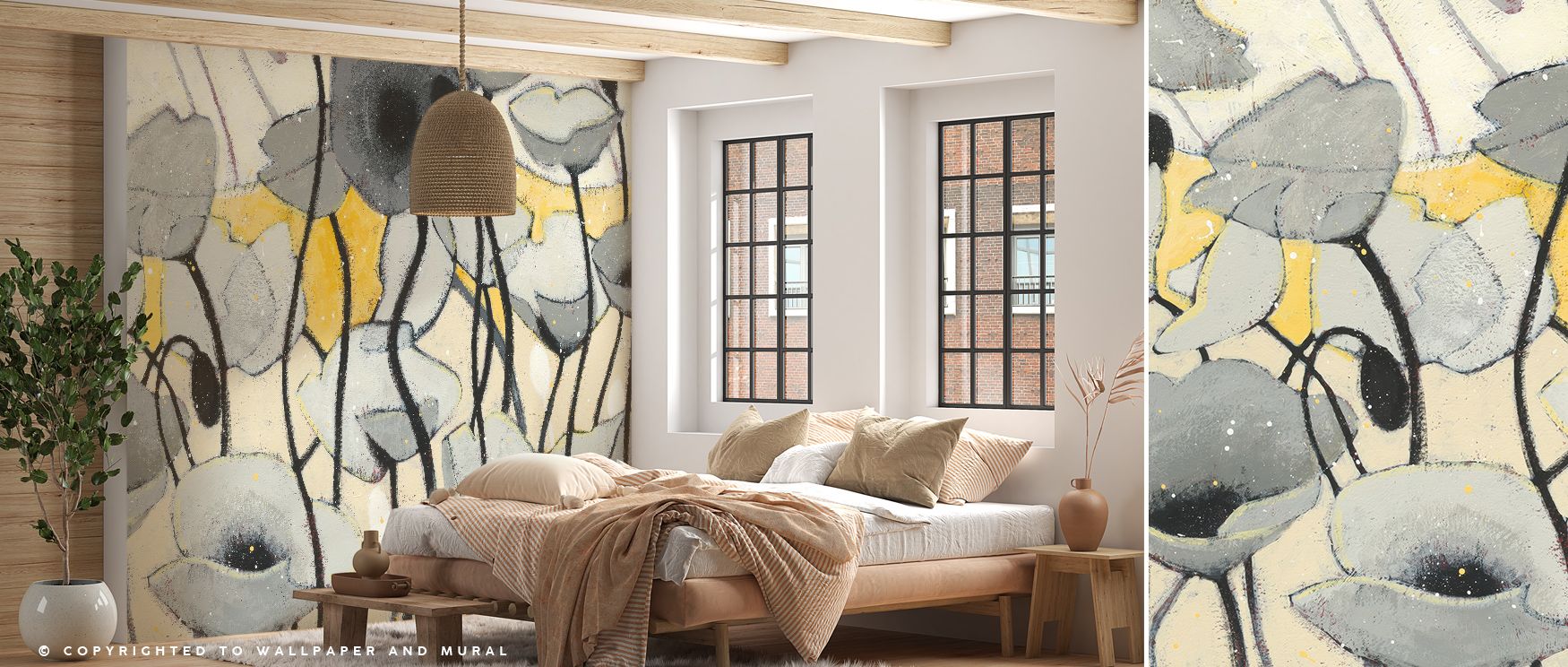 Gray blossoms glow with refined calm in the Snow Day Gray Flower Elegance Wallpaper, surrounding living rooms with muted tones that enrich walls with atmosphere shaped by floral delicacy and timeless serenity. 