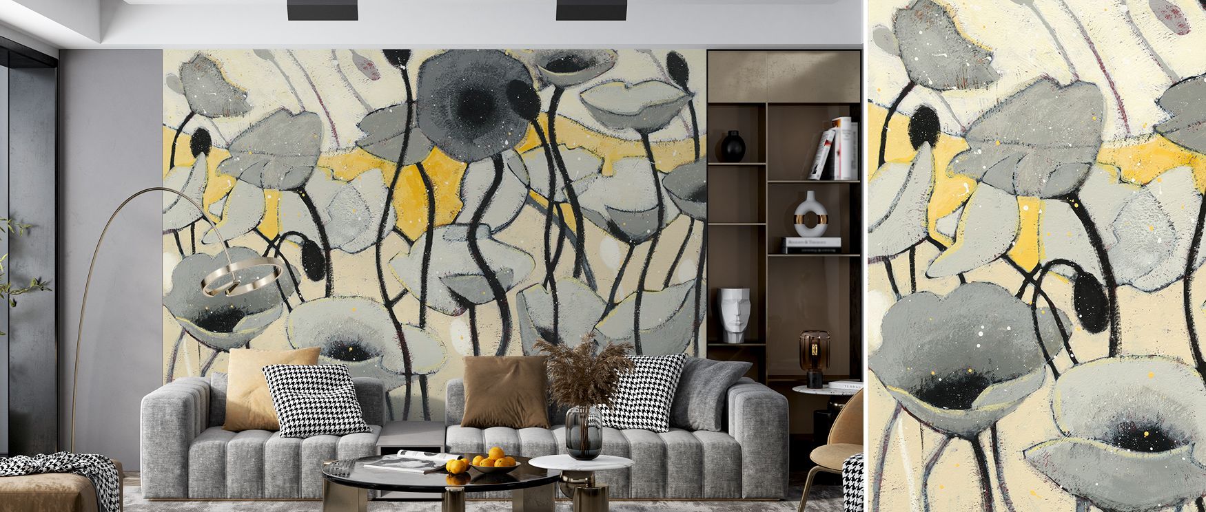 Petals painted in muted tones drift softly across the Snow Day Gray Flower Elegance Wallpaper, enriching bedrooms with reflective elegance while surrounding interiors with timeless calm and luminous presence. 