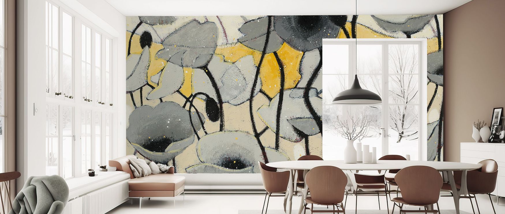 Poetic stillness unfolds within the Snow Day Gray Flower Elegance Wallpaper, blossoms shaping interiors with calm resonance, filling offices with subtle grace and surrounding walls with timeless sophistication. 
