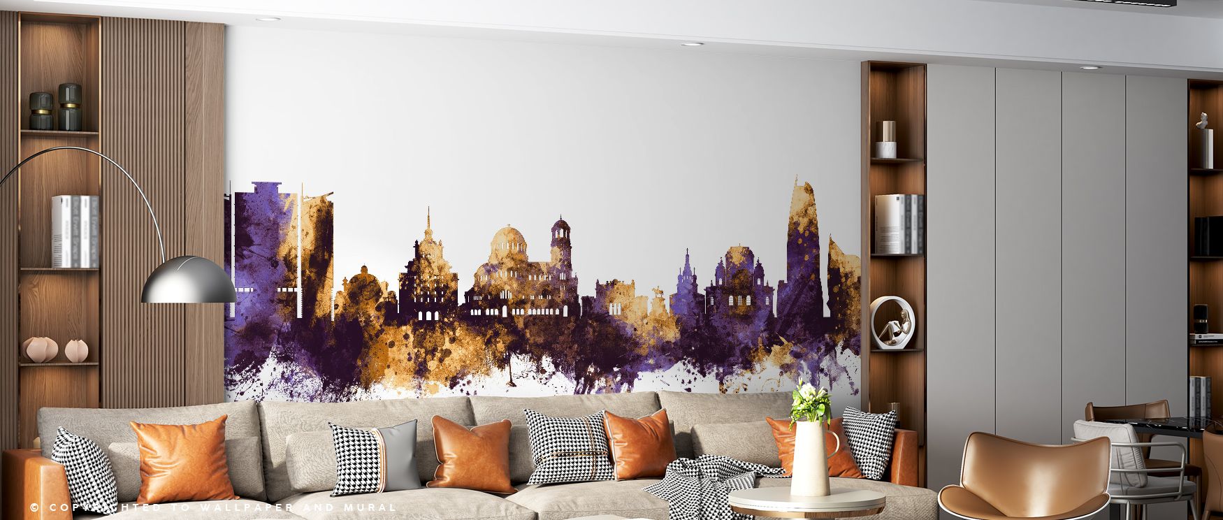 Golden radiance unfolds through the Sofia Bulgaria Skyline with Purple & Gold Highlights Wallpaper, purple depths layered in striking rhythm that enrich bedrooms with reflective calm, interiors surrounded by atmosphere shaped with artistry and heritage ch