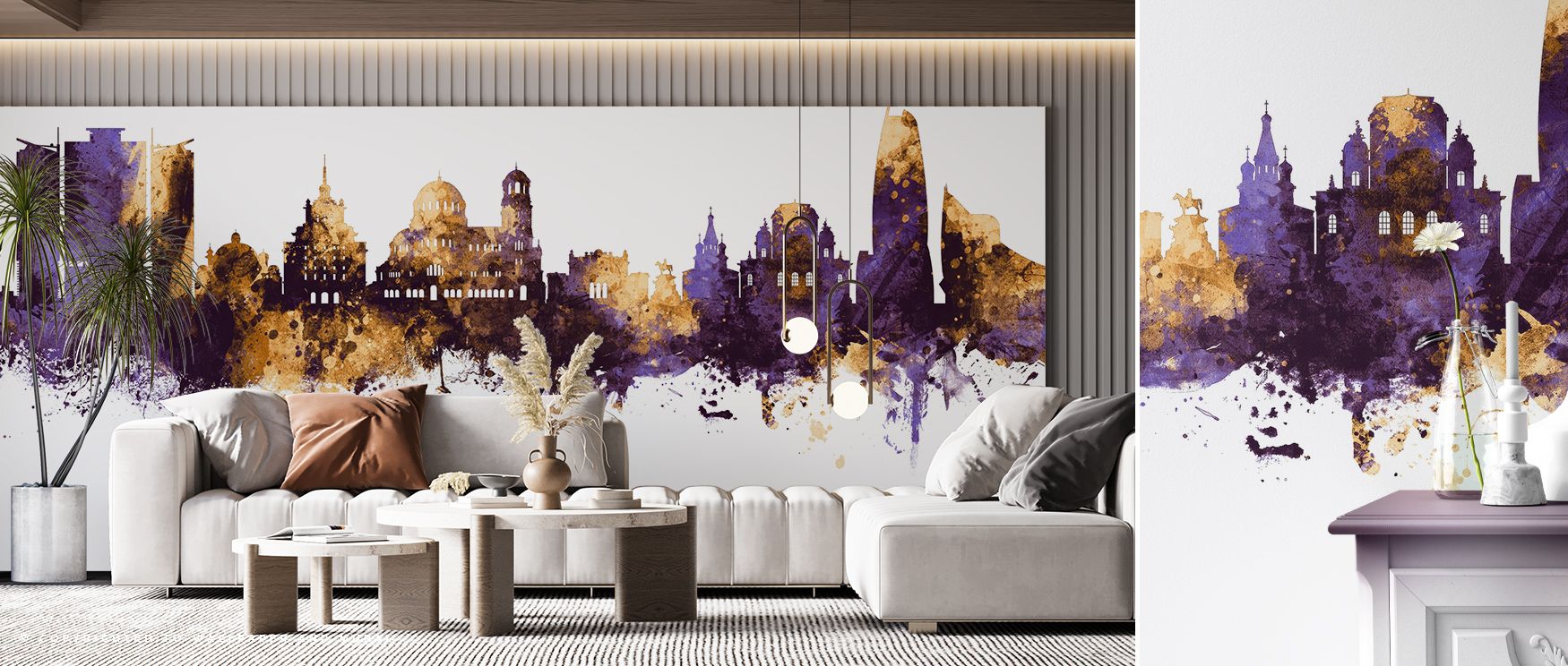 Purple shadows and golden light merge across the Sofia Bulgaria Skyline with Purple & Gold Highlights Wallpaper, bedrooms filled with resonance shaped by artistry, interiors glowing with timeless calm and reflective balance in every detail. 