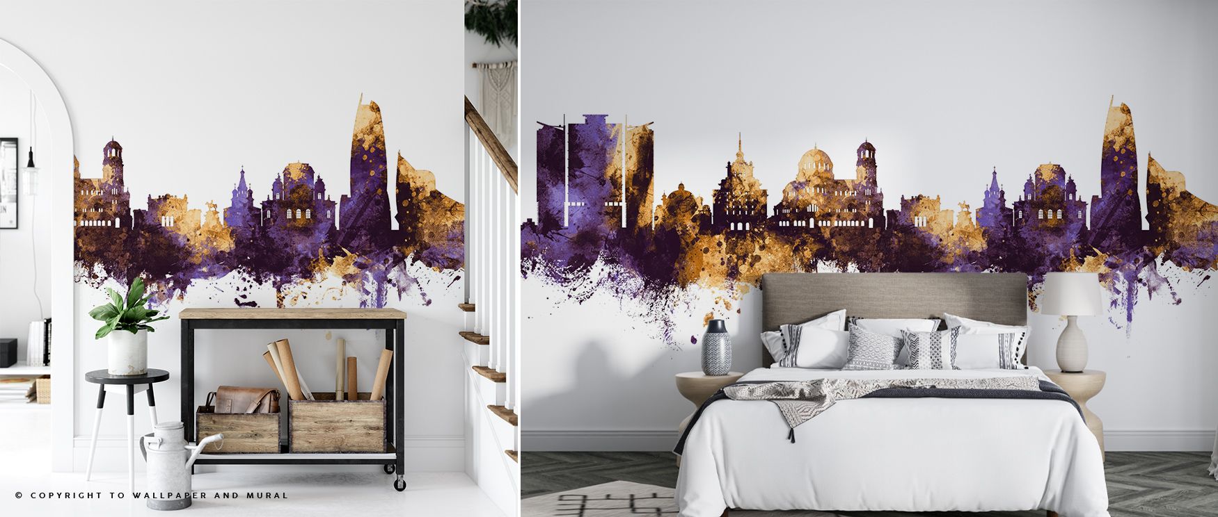 A luminous horizon glows in the Sofia Bulgaria Skyline with Purple & Gold Highlights Wallpaper, silhouettes surrounding living rooms with poise, interiors alive with balance, walls transformed into timeless visions of cultural elegance and artistry. 
