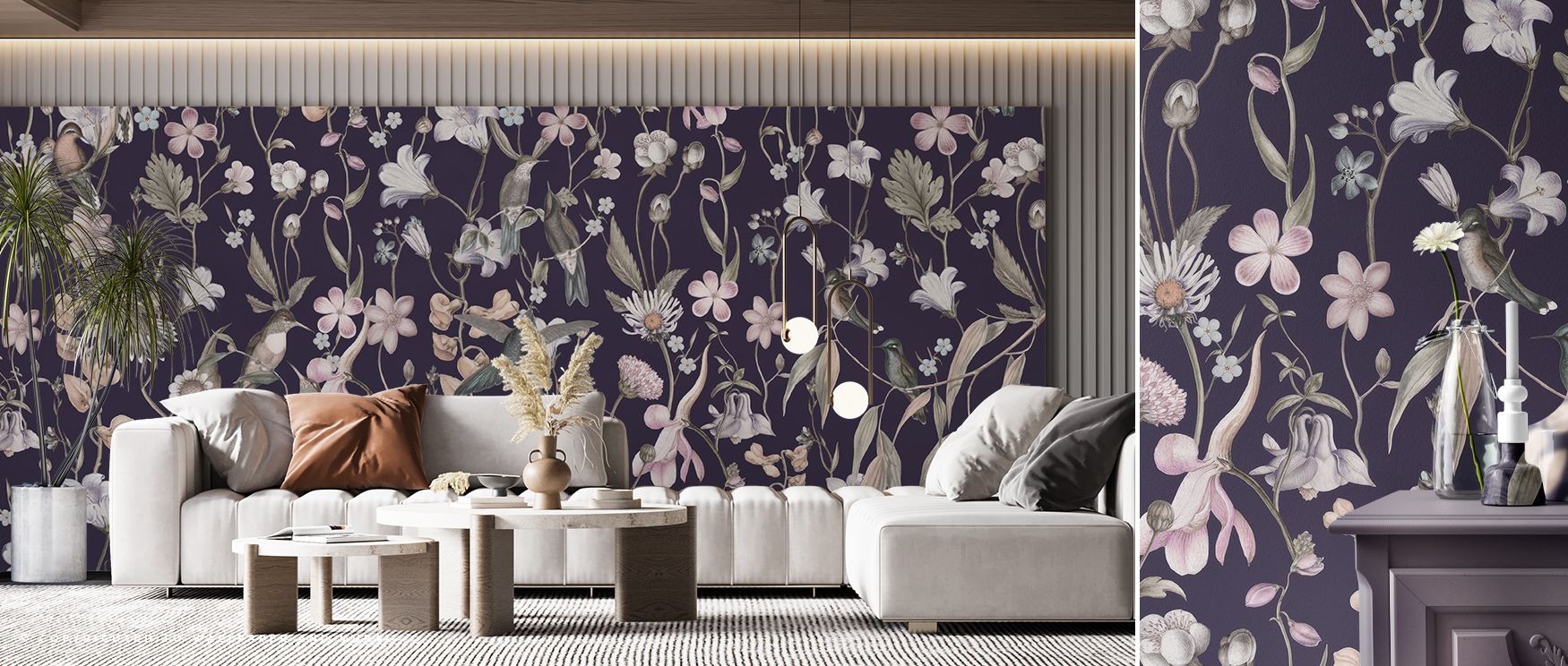 Rich floral patterns expand across the Sound of Spring Dark Blue Floral Elegance Wallpaper, blossoms painted in luminous presence, living areas enriched with calm resonance, interiors shaped with artistry, walls glowing with reflective balance and timeles