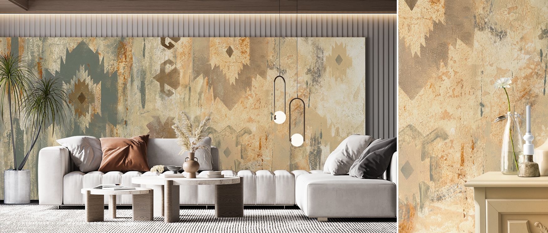 Patterns drift like woven tapestries across the Southwest Design IV Tribal Elegance Wallpaper, living areas enriched with cultural resonance, interiors surrounded by artistry, walls glowing with timeless balance and natural sophistication. 