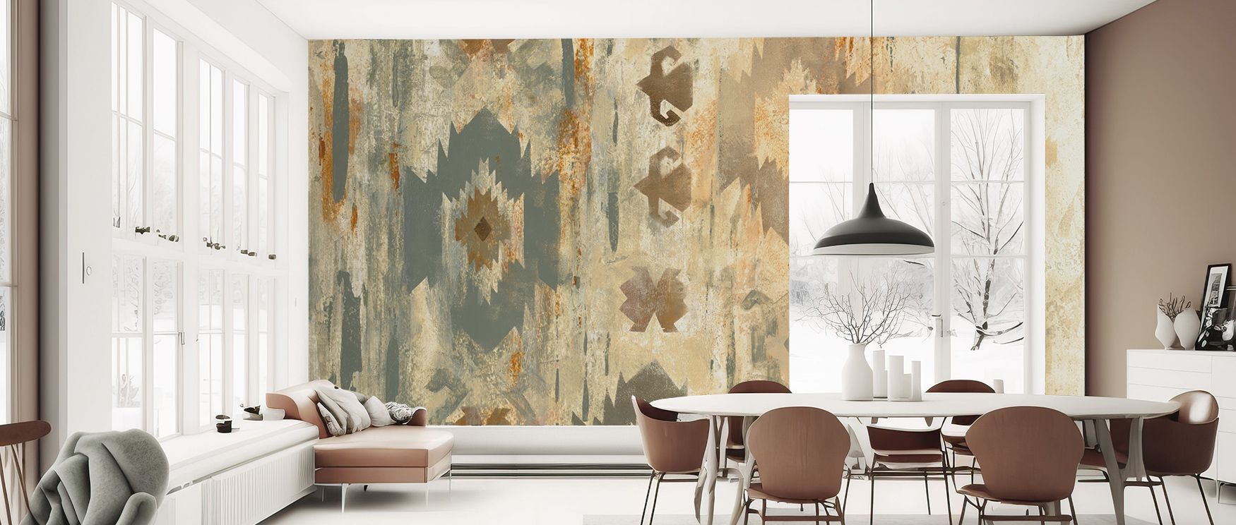 Luminous heritage expands across the Southwest Design IV Tribal Elegance Wallpaper, motifs painted in rhythmic artistry, offices enriched with reflective calm, interiors surrounded by tradition, walls enriched with timeless cultural resonance. 