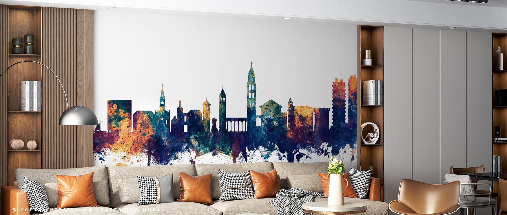 Radiant tones expand in the Split Croatia Skyline Blue & Bronze Wallpaper, architecture painted in luminous contrast, bedrooms enriched with refined calm, interiors alive with cultural resonance, walls layered in artistry and timeless elegance. 