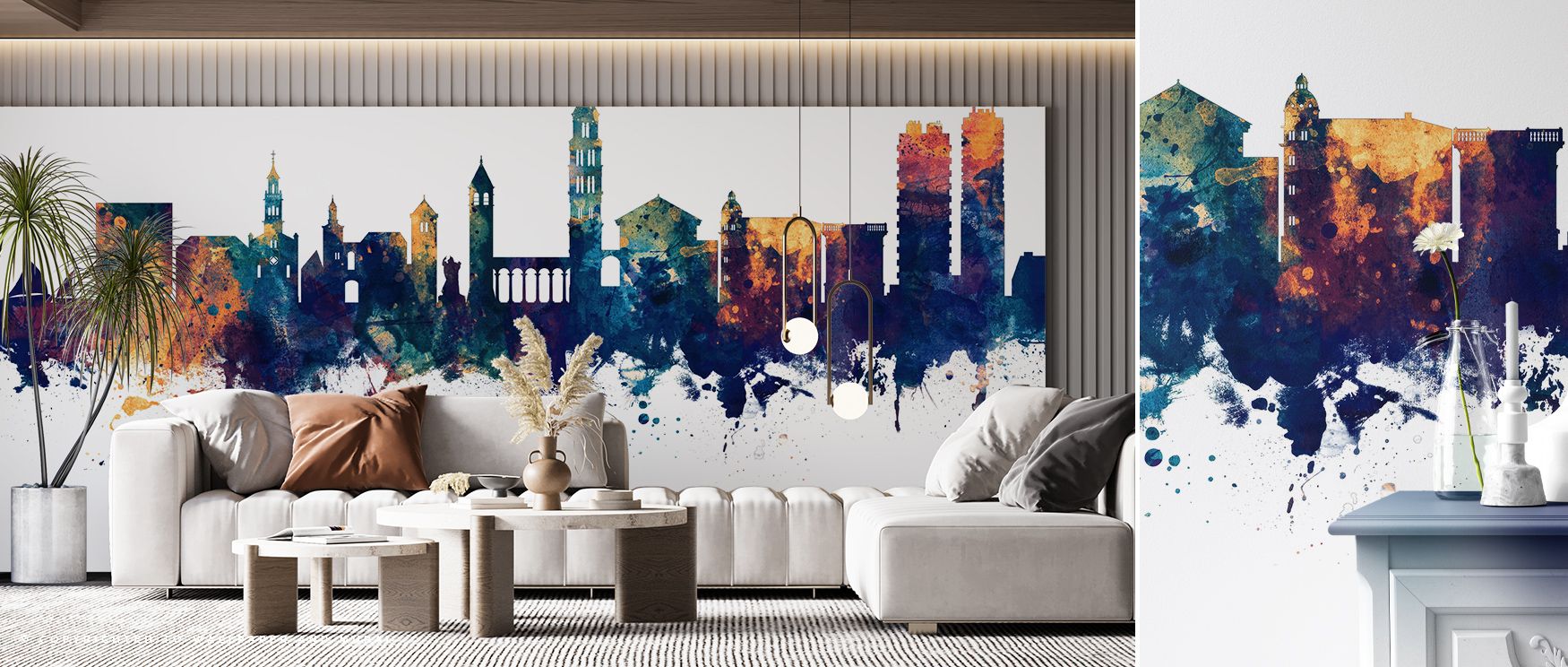 Architectural silhouettes shine through the Split Croatia Skyline Blue & Bronze Wallpaper, tones painted with luminous artistry, living areas enriched with cultural resonance, interiors filled with charm, walls glowing with reflective calm. 