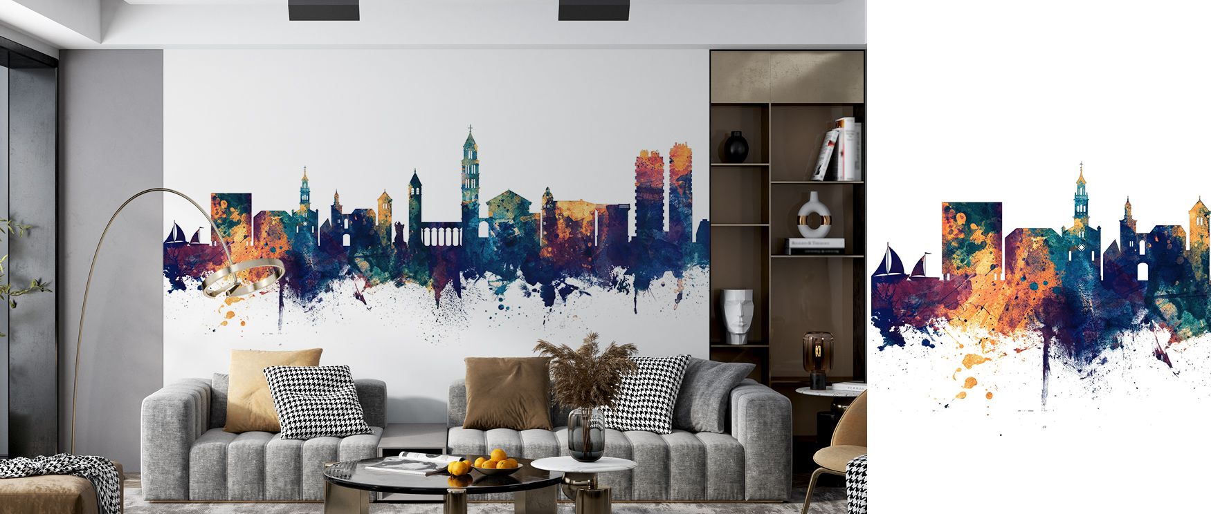 Blue and bronze tones drift across the Split Croatia Skyline Blue & Bronze Wallpaper, bedrooms enriched with reflective charm, interiors glowing with artistry, walls layered with timeless resonance and cultural presence. 