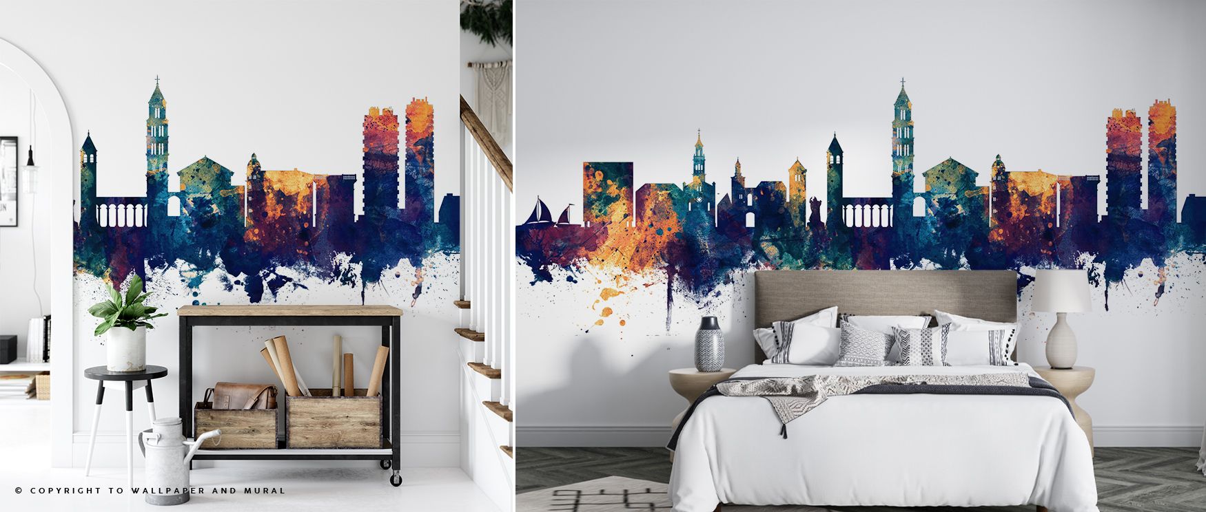 Split Croatia Skyline Blue & Bronze Wallpaper carries luminous rhythm, offices enriched with cultural sophistication, interiors shaped with artistry, walls filled with timeless resonance and reflective elegance. 