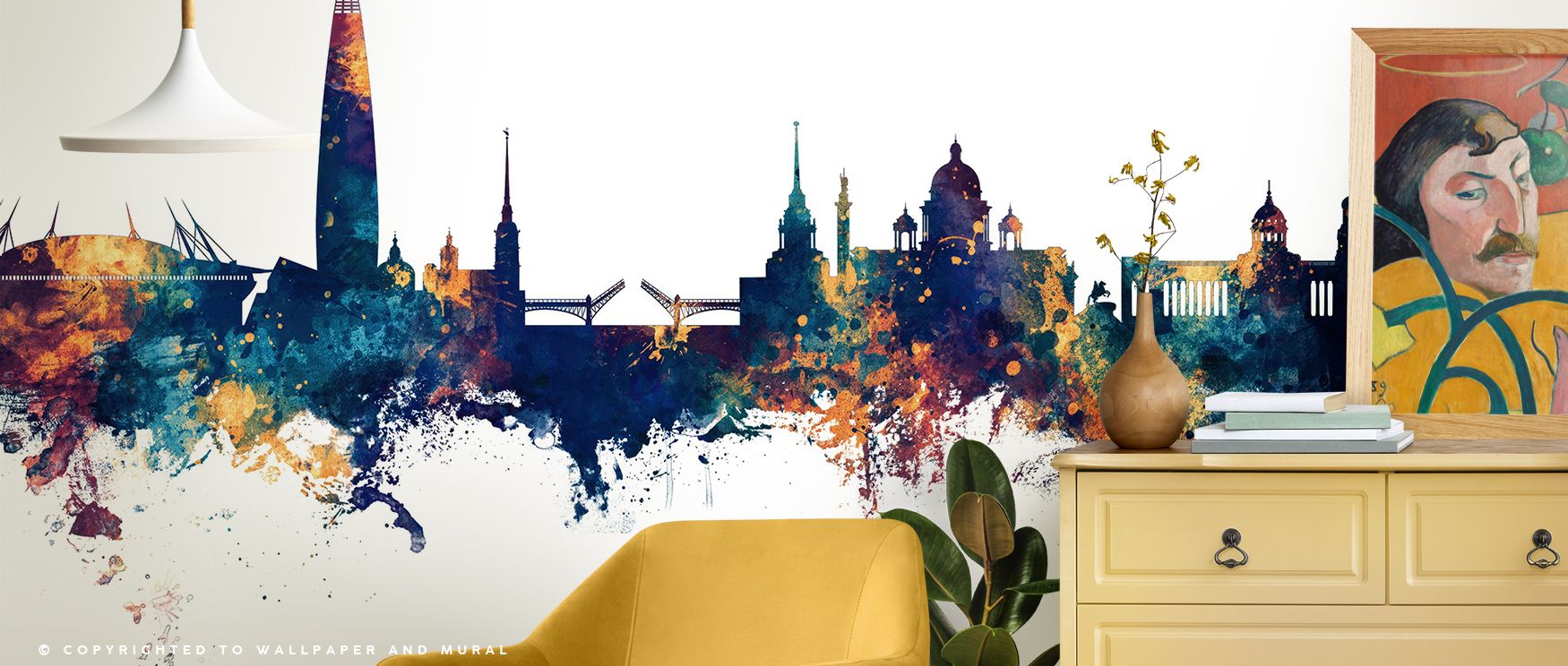 St Petersburg Russia Skyline Blue & Bronze Wallpaper radiates luminous charm, architectural silhouettes glowing in radiant tones, living rooms enriched with cultural presence, interiors filled with artistry, walls transformed into timeless canvases of sop