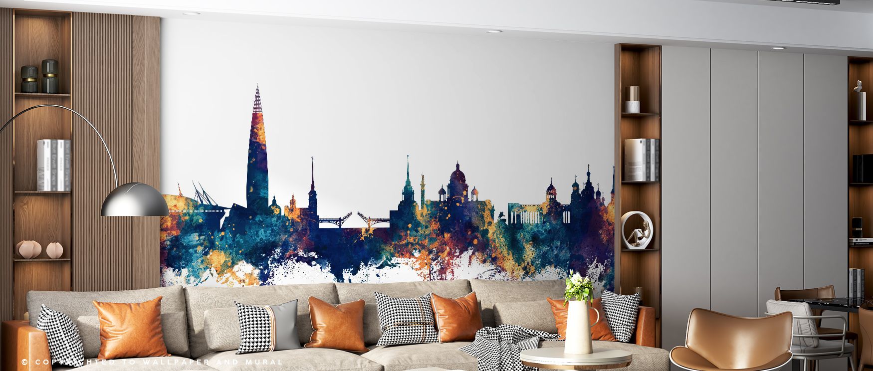 St Petersburg Russia Skyline Blue & Bronze Wallpaper glows with refined presence, offices enriched with radiant tones, interiors filled with cultural sophistication, walls layered in artistry and timeless calm. 