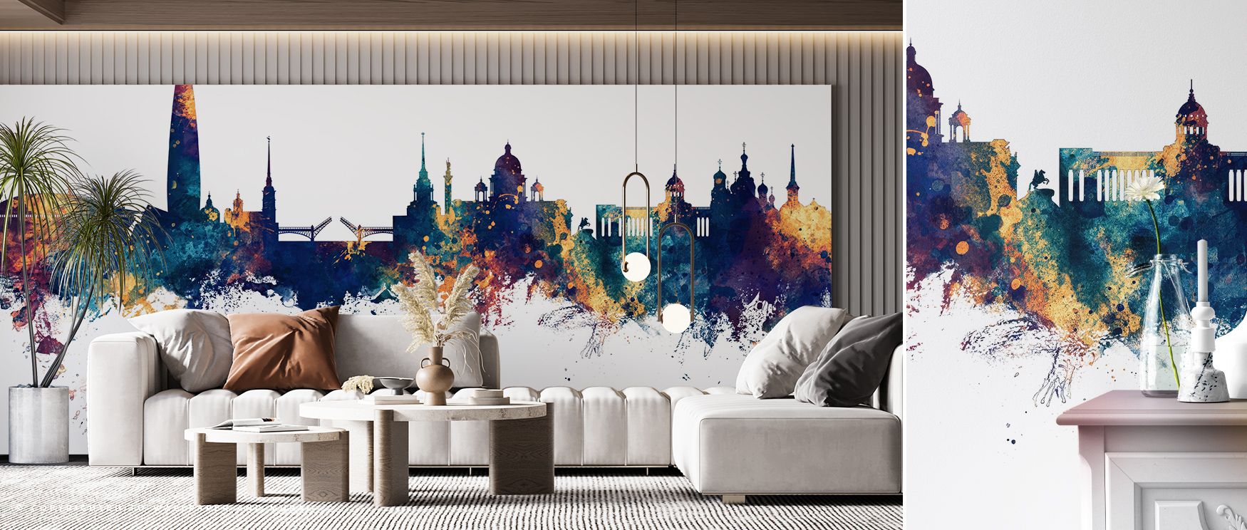 Blue and bronze imagery expands in the St Petersburg Russia Skyline Blue & Bronze Wallpaper, bedrooms enriched with cultural resonance, interiors filled with artistry, walls transformed into luminous expressions of heritage charm. 