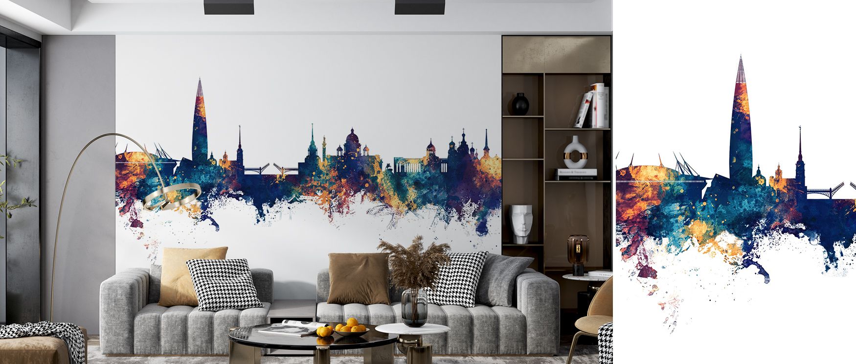 St Petersburg Russia Skyline Blue & Bronze Wallpaper radiates cultural artistry, architectural silhouettes glowing with elegance, offices enriched with balance and resonance, interiors alive with sophistication, walls layered with timeless calm. 