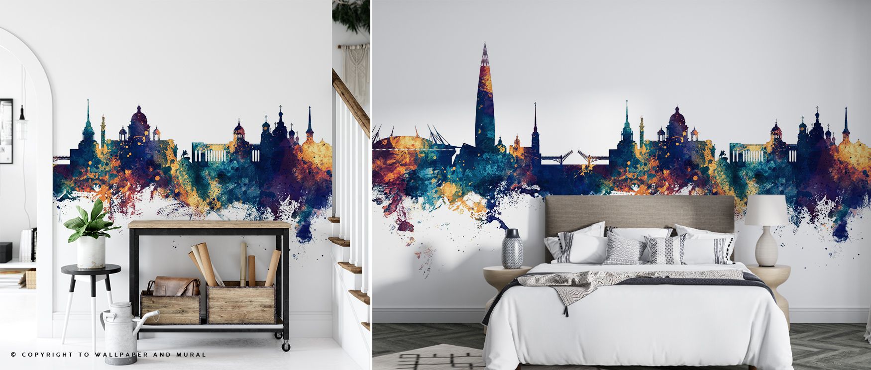 Heritage-inspired artistry defines the St Petersburg Russia Skyline Blue & Bronze Wallpaper, tones glowing across living rooms with elegance, interiors enriched with calm resonance, walls layered with cultural presence and timeless refinement. 