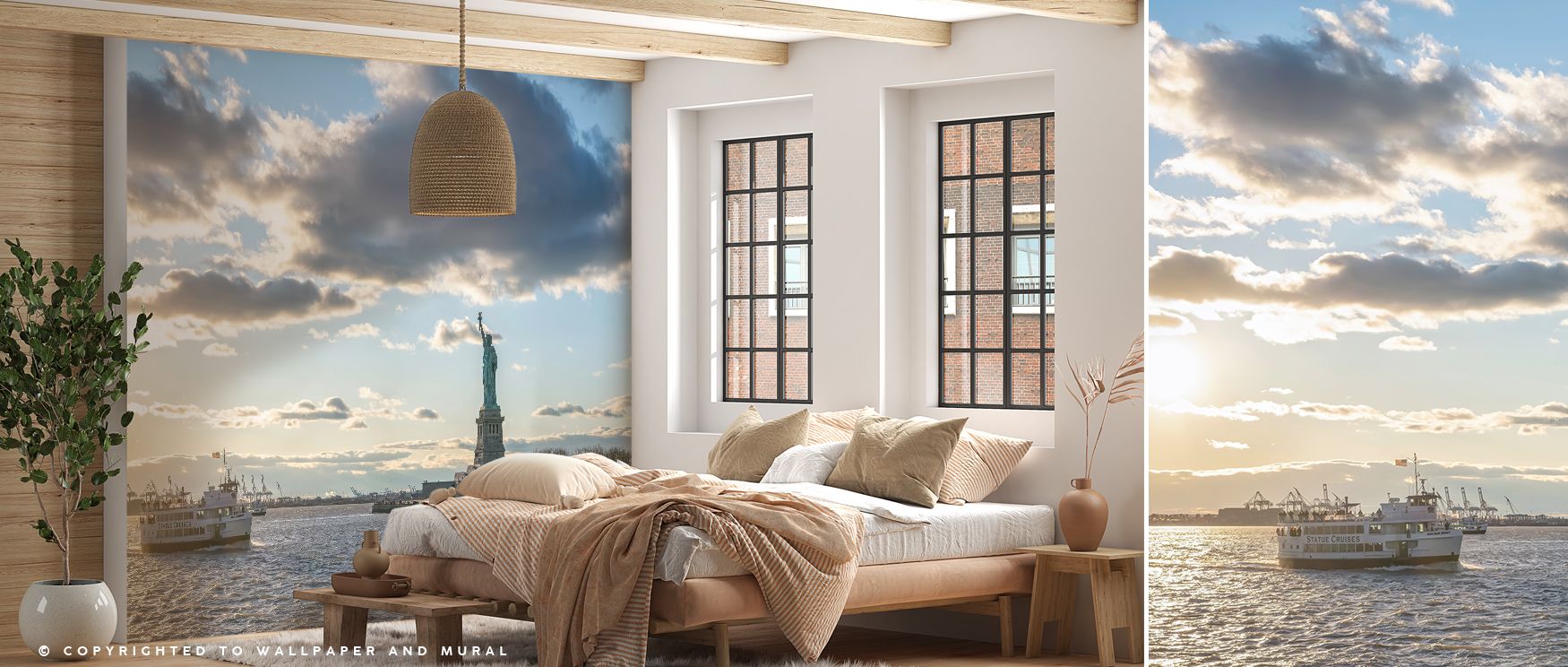 Statue of Liberty Cruise New York Charm Wallpaper radiates iconic presence, the silhouette glowing with elegance, living rooms enriched with heritage resonance, interiors filled with artistry, walls transformed into luminous reflections of timeless cultur