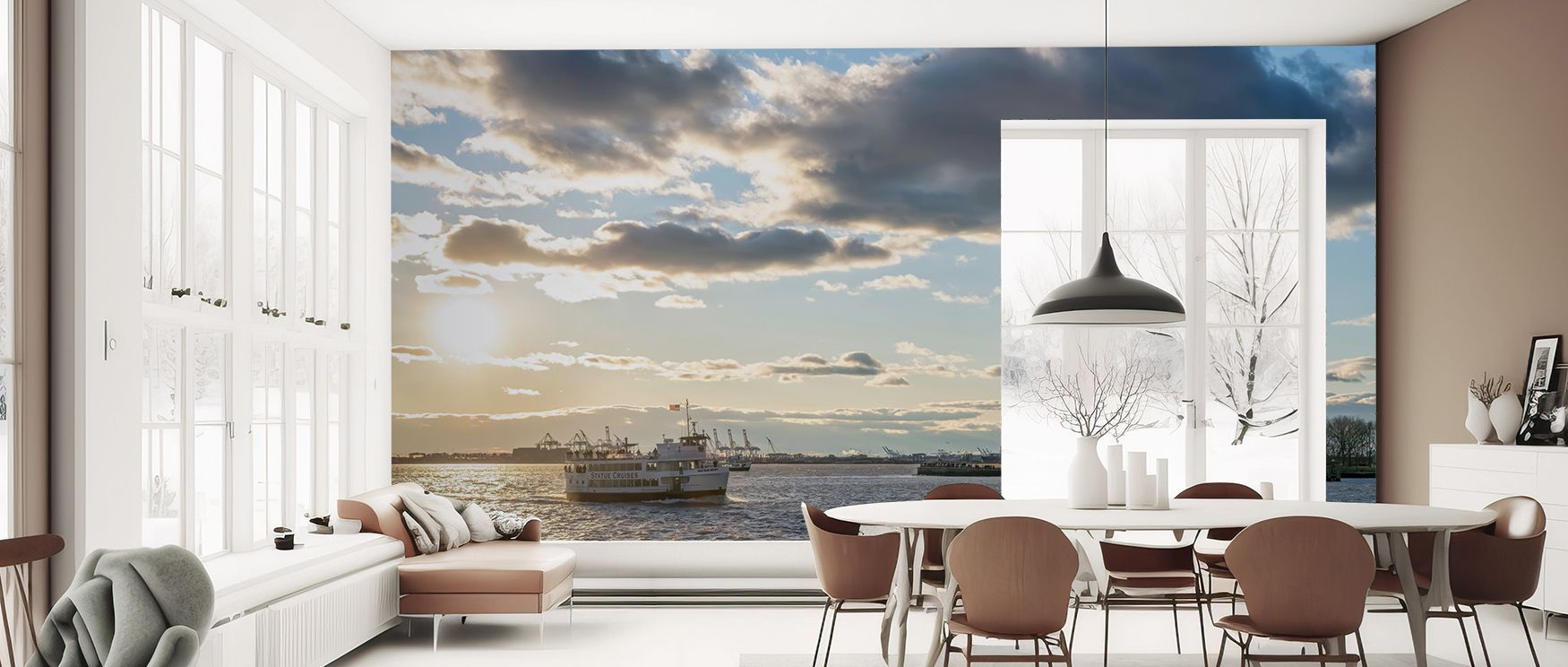 Iconic imagery shines in the Statue of Liberty Cruise New York Charm Wallpaper, offices enriched with reflective calm, interiors filled with artistry, walls layered in resonance, transforming spaces with cultural sophistication and pride. 