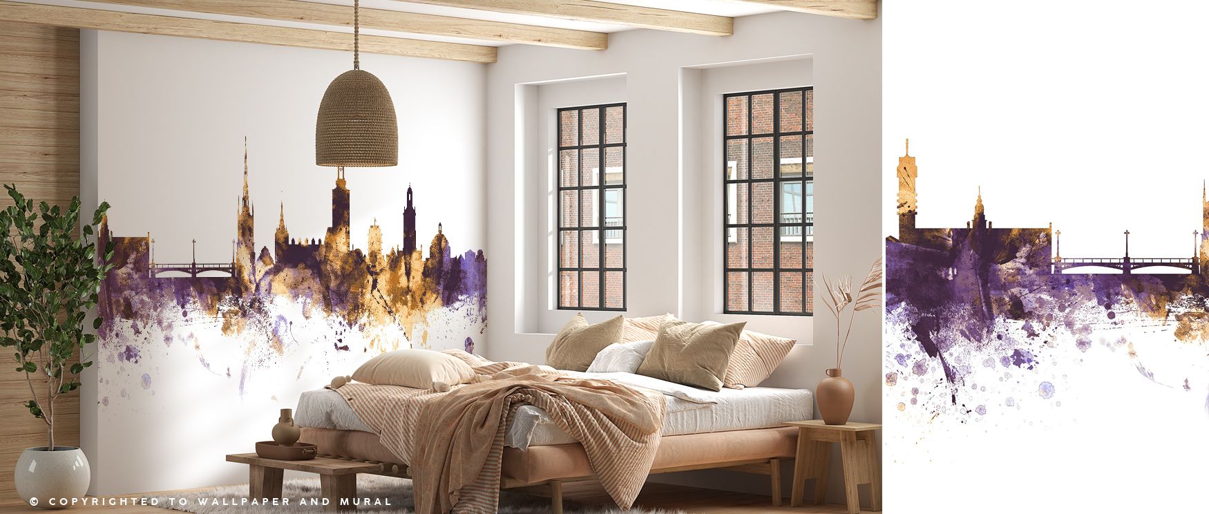 Stockholm Skyline Purple & Gold Wallpaper glows with regal artistry, silhouettes painted in luminous tones, living rooms enriched with sophistication, interiors layered in elegance, walls transformed into timeless expressions of cultural charm. 