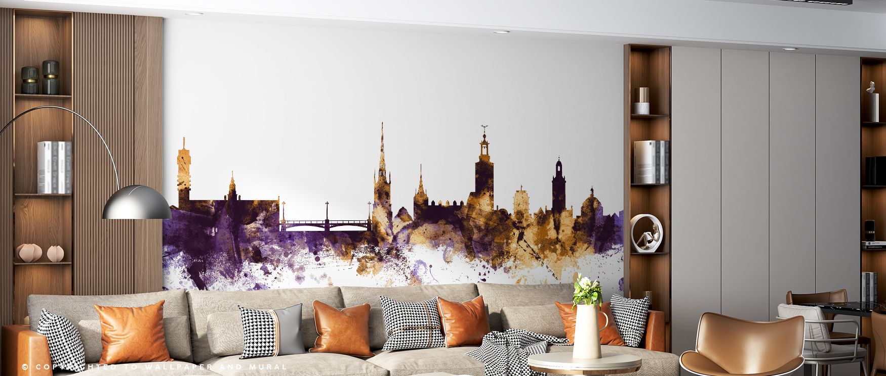 Radiant tones shimmer across the Stockholm Skyline Purple & Gold Wallpaper, architecture enriched with balance, bedrooms glowing with serenity, interiors alive with heritage artistry, walls layered with refined calm and sophistication. 