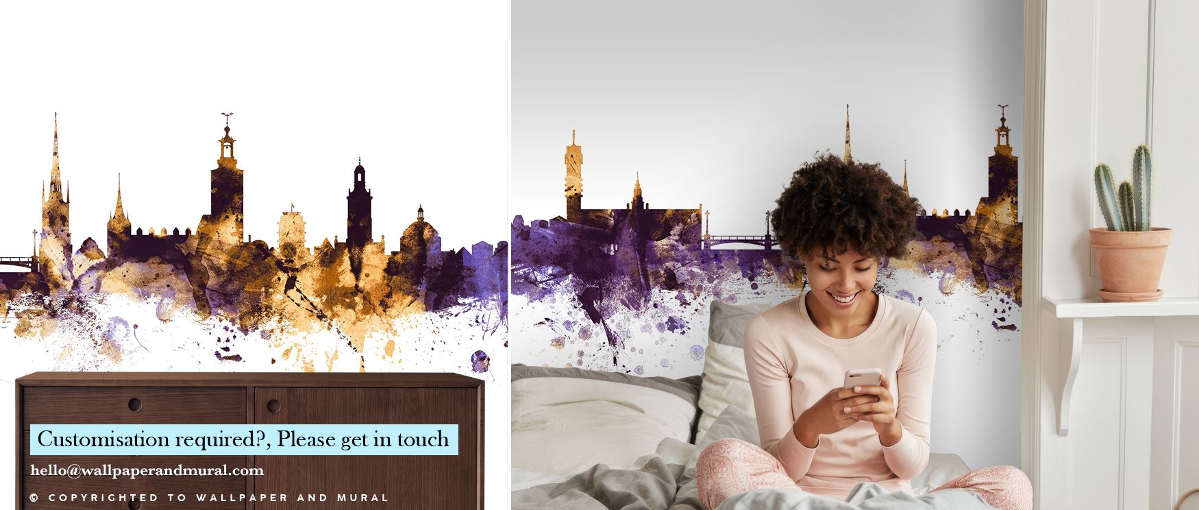 Stockholm Skyline Purple & Gold Wallpaper radiates cultural depth, silhouettes glowing with elegance, offices enriched with resonance, interiors filled with artistry, walls transformed into luminous expressions of heritage and charm. 