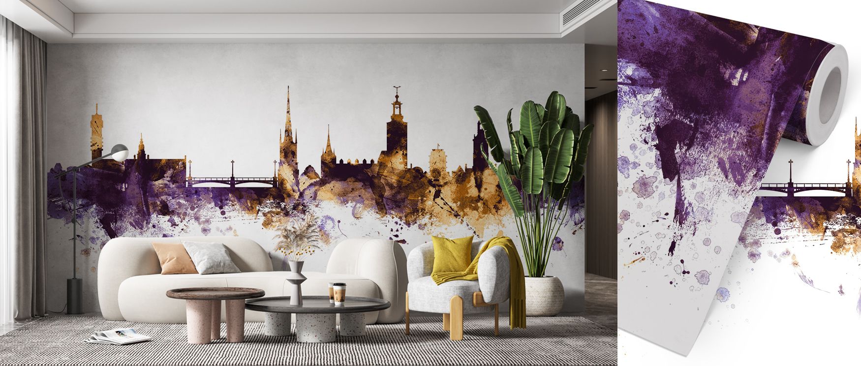 Architectural imagery unfolds in the Stockholm Skyline Purple & Gold Wallpaper, luminous tones enriching living spaces with poise, interiors glowing with sophistication, walls layered in cultural resonance and reflective calm. 