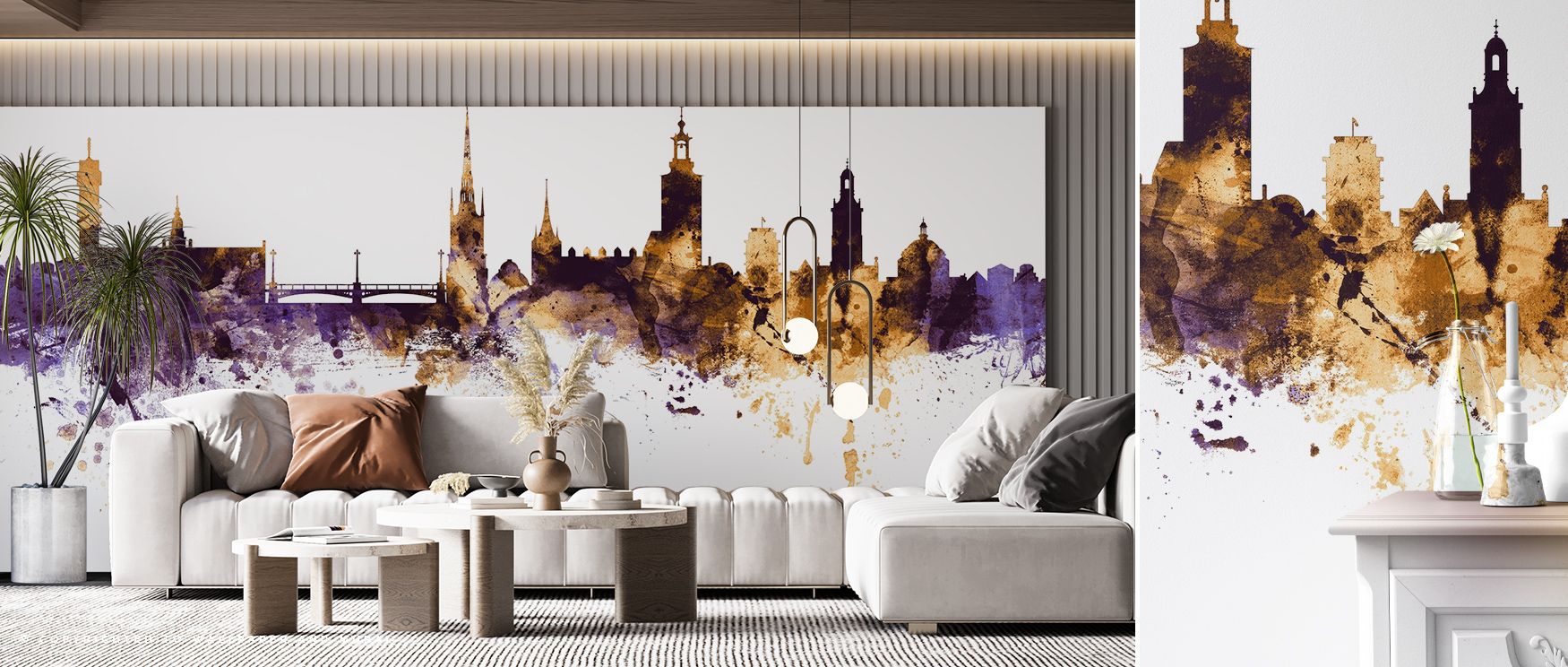 Regal tones expand across the Stockholm Skyline Purple & Gold Wallpaper, bedrooms enriched with calm resonance, interiors layered with artistry, walls glowing with luminous presence and timeless sophistication. 