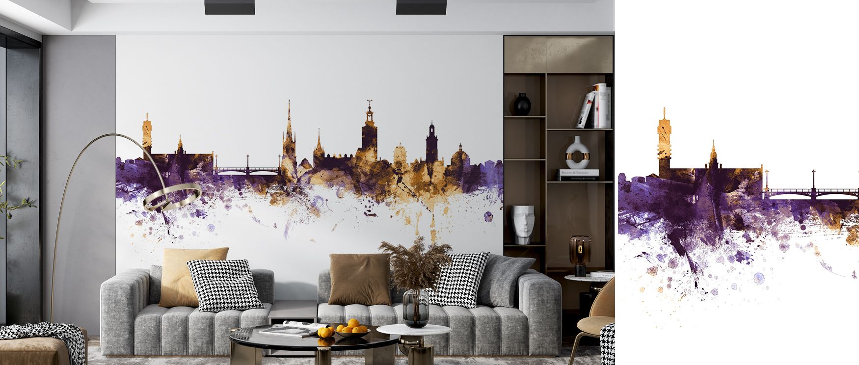 Poetic charm radiates in the Stockholm Skyline Purple & Gold Wallpaper, imagery glowing with regal tones, offices enriched with serenity, interiors shaped with cultural elegance, walls transformed into expressions of heritage calm. 