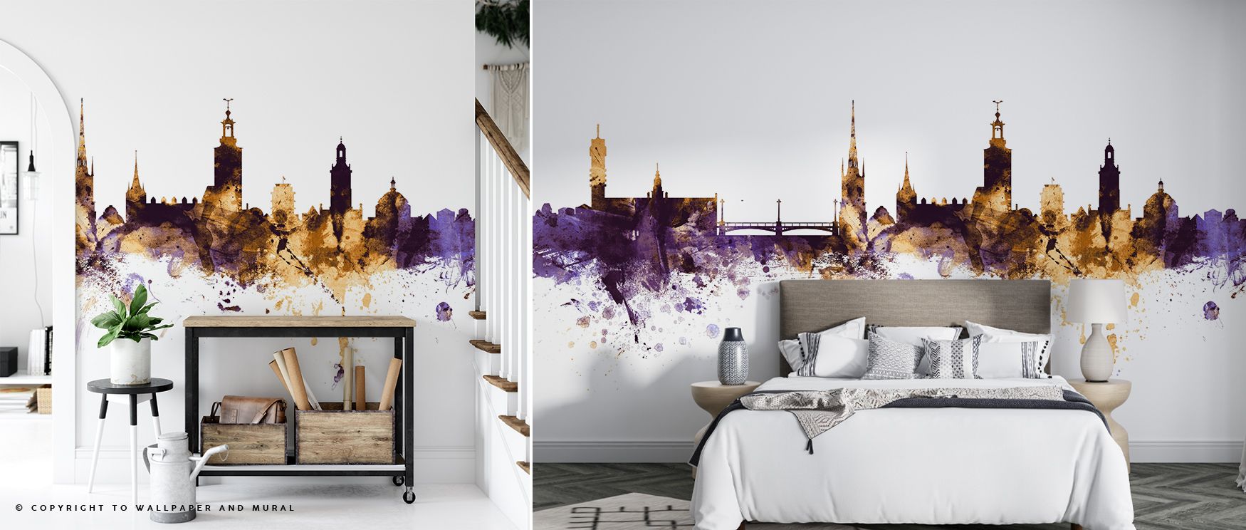 Stockholm Skyline Purple & Gold Wallpaper glows with reflective charm, living rooms enriched with luminous resonance, interiors alive with sophistication, walls layered with timeless artistry and cultural refinement. 