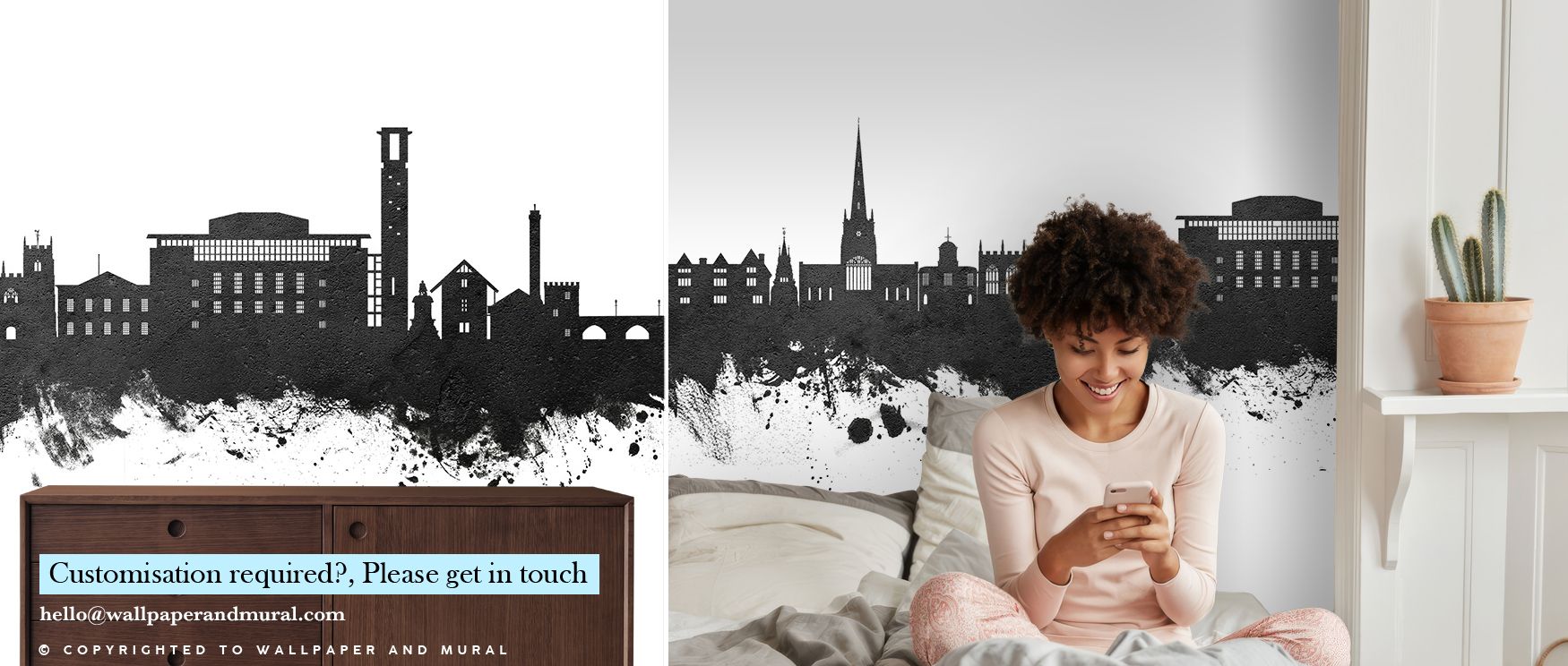 Stratford-upon-Avon Skyline Black & White Wallpaper glows with timeless presence, offices enriched with heritage artistry, interiors alive with resonance, walls layered with sophistication and reflective calm. 