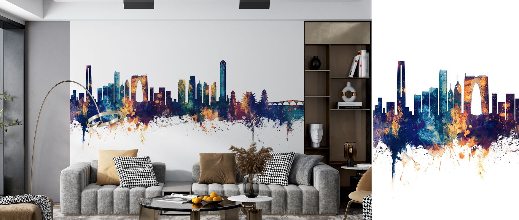 Suzhou China Skyline with Blue & Bronze Accents Wallpaper presents luminous refinement where architectural lines converge with radiant color. Its composition reflects cultural legacy and modern charm, balancing serenity with vibrancy. This skyline design 