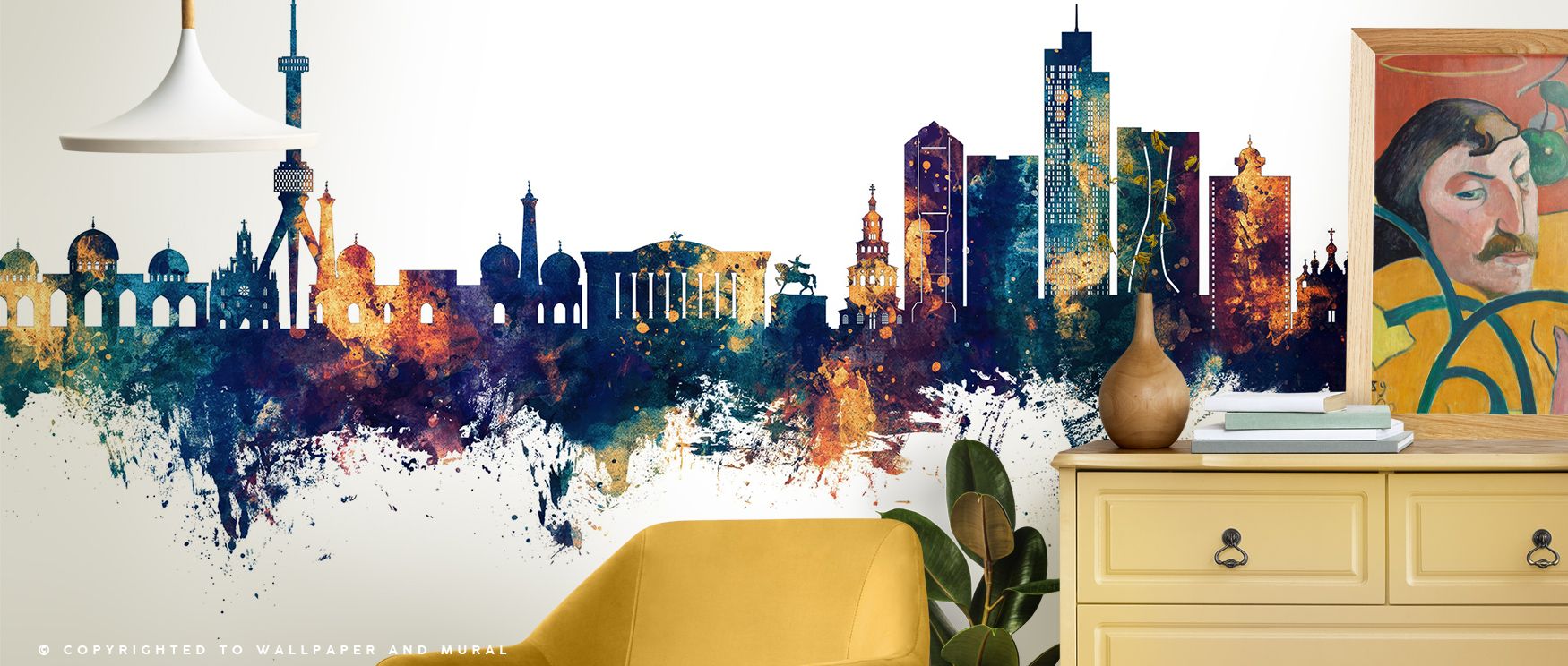 Tashkent Uzbekistan Skyline with Blue & Bronze Highlights Wallpaper illustrates luminous charm where metallic accents meet deep blue tones. The cityscape conveys refined elegance and cultural balance, enriching interiors with sophistication. Perfect for b