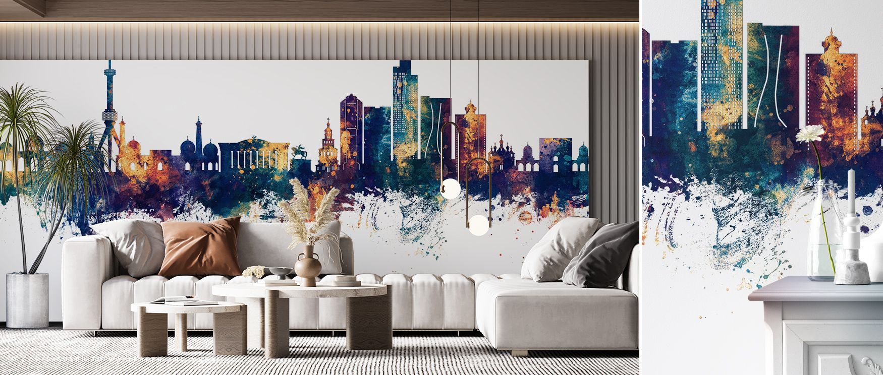 The Tashkent Uzbekistan Skyline with Blue & Bronze Highlights Wallpaper conveys elegance in glowing tones, reflecting architectural charm with timeless refinement. Its palette balances warmth and serenity, creating luminous atmosphere. This refined artwor