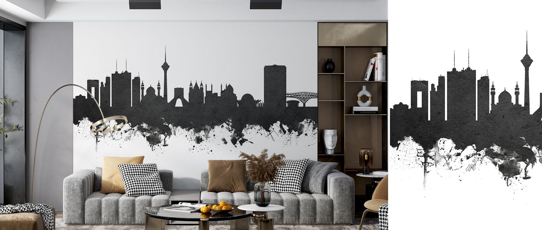 In Tehran Iran Skyline in Black & White Wallpaper, architectural silhouettes glow softly in muted monochrome, reflecting timeless balance. Its composition conveys calm presence and cultural refinement, inspiring interiors. This elegant design enhances bed