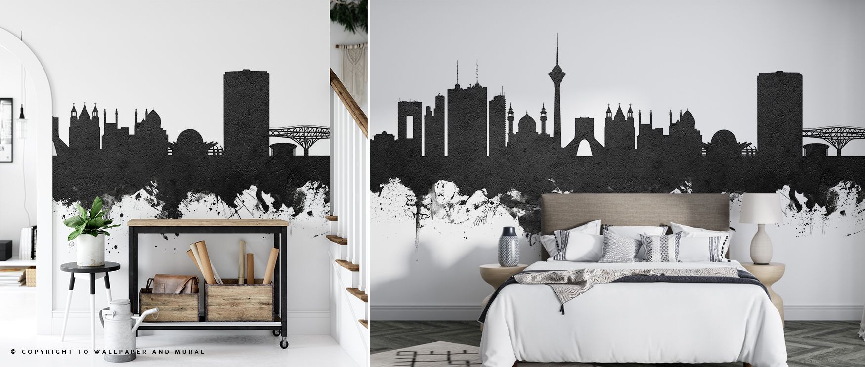Tehran Iran Skyline in Black & White Wallpaper embodies cultural elegance where muted contrasts highlight architectural depth. Its refined tones create timeless atmosphere, evoking balance and sophistication. This design enriches bedrooms, living rooms, o