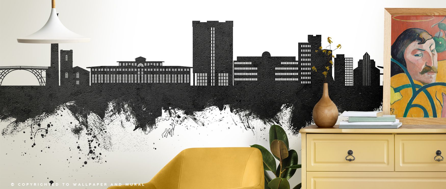 Telford England Skyline Black & White Wallpaper presents an iconic view of the city in contrasting monochrome tones, where bold lines and subtle shadows shape the skyline into a timeless vision that enhances living rooms, bedrooms, or offices with urban s